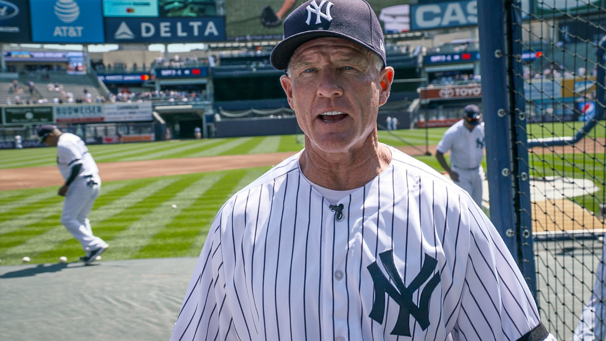 Scott Bradley in Yankees pinstripes at Old-Timers’ Day in 2019
